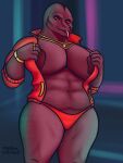  anthro areola big_breasts black_body black_scales bottomless breasts clothed clothing crossgender epic_games female fortnite hi_res jewelry komodo_dragon lizard monitor_lizard neon_lights oystercatcher7 red_sclera reptile scales scalie solo thong thunder_(fortnite) underwear undressing 