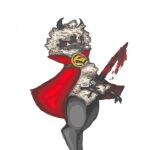  1:1 anthro bell black_body blood bodily_fluids bovid breasts caprine cloak clothed clothing cult_of_the_lamb digital_drawing_(artwork) digital_media_(artwork) eeevveee female fluffy fluffy_chest fluffy_hair hair horn lamb_(cult_of_the_lamb) mammal melee_weapon red_crown_(cult_of_the_lamb) sheep solo sword thick_thighs weapon 