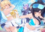  3girls :d ;d ;o ^^^ animal_ears armpits ass bare_arms bare_back bare_shoulders black_hair blonde_hair blue_archive blue_shirt blunt_bangs braid breasts character_name cheerleader cleavage clothes_lift cloud cloudy_sky collared_shirt commentary_request criss-cross_halter crop_top crown_braid detached_collar dog_ears dog_girl eyewear_on_head floating_headgear gakuran gloves goggles goggles_on_head grey_eyes hair_between_eyes hairband halo halterneck headgear hibiki_(blue_archive) hibiki_(cheer_squad)_(blue_archive) holding holding_hose holding_pom_poms hose kotori_(blue_archive) kotori_(cheer_squad)_(blue_archive) large_breasts long_hair looking_at_another low_twintails medium_breasts medium_hair midriff millennium_cheerleader_outfit_(blue_archive) miniskirt multiple_girls navel official_alternate_costume one_eye_closed open_mouth outdoors outstretched_arm panties partially_fingerless_gloves pleated_skirt pom_pom_(cheerleading) ponytail red_eyes sankyaku_tako school_uniform shirt sidelocks skirt skirt_lift sky sleeveless sleeveless_shirt smile spaghetti_strap stomach sunglasses thighs twintails two-tone_shirt underwear utaha_(blue_archive) utaha_(cheer_squad)_(blue_archive) v-shaped_eyebrows water wet wet_clothes white_panties white_shirt white_skirt wind wind_lift yellow_shirt 