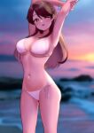  1girl absurdres armpits beach bikini blush brave_witches breasts brown_eyes brown_hair cleavage hair_ribbon highres karibuchi_takami kuroniko large_breasts long_hair looking_at_viewer navel ocean one_eye_closed open_mouth outdoors presenting_armpit ribbon side-tie_bikini_bottom sky solo swimsuit white_bikini world_witches_series 