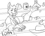  absurd_res anthro canid canine english_text fantasy fox hands hi_res line_art magic mammal monochrome potion potion_bottle potion_label starwolfskin store text william_swiftfoot zgf_art 