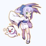  1girl blue_bow bow elf full_body green_eyes hair_bow long_hair long_sleeves looking_at_viewer mawaru_(mawaru) obi open_mouth orange_outline original pointy_ears ponytail purple_hair sash simple_background socks solo tabi white_background white_socks wide_sleeves zouri 