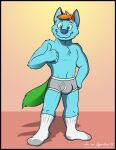  2018 anthro blue_body blue_fur blue_nose briefs clothed clothing detailed_background footwear fur green_body green_fur grey_briefs grey_clothing grey_underwear hair male open_mouth orange_hair shadow smile socks solo teeth_showing topless two_tone_briefs underwear vir-no-vigoratus white-seam_underwear white_clothing white_footwear white_seam_briefs white_socks 