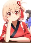  2girls ama_(ama_ekaku) arm_rest arms_on_table black_hair blonde_hair blue_kimono blush bob_cut closed_mouth commentary_request elbow_rest hair_ribbon head_rest highres inoue_takina japanese_clothes kimono long_hair looking_at_viewer lycoris_recoil multiple_girls nishikigi_chisato purple_eyes red_eyes red_kimono red_ribbon ribbon short_hair simple_background smile split_mouth upper_body white_background 