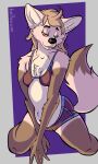  3:5 absurd_res anthro bella_leggy breasts brown_body brown_fur canid canine canis clothed clothing digital_media_(artwork) female fur helloawoo hi_res mammal maned_wolf pink_body pink_fur slim small_breasts smile solo solo_focus trans_(lore) underwear 