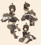  1girl absurdres ahoge bare_back bare_shoulders bird_legs bird_tail black_eyes black_skirt blush breasts brown_feathers brown_hair brown_wings colored_sclera commentary english_commentary feathers gomulgong grey_feathers harpy highres looking_at_viewer medium_hair miniskirt monster_girl multiple_views orange_sclera original owl_girl owl_girl_(gomulgong) skirt sleeveless small_breasts tail tail_feathers talons winged_arms wings 
