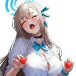  1girl asuna_(blue_archive) black_choker blue_archive blue_bow blue_bowtie blue_ribbon bow bowtie breasts brown_hair button_gap choker cleavage closed_eyes food fruit hair_ribbon halo hapu_(nfdt7773) highres holding holding_food holding_fruit large_breasts long_hair mole mole_on_breast open_mouth ribbon shirt simple_background strawberry teeth upper_teeth_only white_background white_shirt 