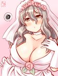  1girl blush breasts bridal_veil bride brown_eyes cleavage dress drunk grey_hair hand_on_own_chest kanon_(kurogane_knights) kantai_collection large_breasts long_hair one-hour_drawing_challenge open_mouth pola_(kancolle) solo strapless strapless_dress upper_body veil wavy_hair wedding_dress white_dress 