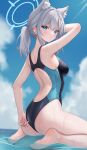  1girl absurdres animal_ear_fluff animal_ears ass black_one-piece_swimsuit blue_archive blue_eyes blue_halo blue_sky blush breasts competition_swimsuit cross cross_hair_ornament extra_ears fanteam grey_hair hair_ornament halo highleg highleg_swimsuit highres inverted_cross looking_at_viewer medium_breasts medium_hair mismatched_pupils multicolored_clothes multicolored_swimsuit ocean official_alternate_costume one-piece_swimsuit shiroko_(blue_archive) shiroko_(swimsuit)_(blue_archive) sitting sky solo swimsuit toes two-tone_swimsuit wariza wolf_ears 