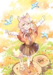  1girl :d animal animal_ears autumn_leaves bird blue_flower blush boots brown_eyes brown_skirt capelet center_frills commentary_request fang flower frilled_skirt frilled_sleeves frills hair_between_eyes hair_flower hair_ornament long_sleeves original outstretched_arms pantyhose pink_flower pink_hair pleated_skirt rabbit red_capelet red_footwear shirt skirt smile solo squirrel tail tree_stump wataame27 white_pantyhose white_shirt wolf-chan_(wataame27) wolf_ears wolf_girl wolf_tail 