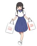  1girl backpack bag black_hair blue_skirt fubuki_(kancolle) full_body green_eyes kantai_collection low_ponytail medium_hair official_alternate_costume pleated_skirt shirt shopping_bag sidelocks simple_background skirt solo tamu_(mad_works) white_background white_shirt 