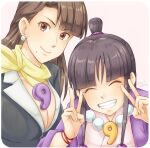 2girls ace_attorney asymmetrical_bangs black_hair black_jacket blunt_bangs blush breasts brown_eyes brown_hair cleavage closed_eyes closed_mouth double_v earrings grin hair_ornament hiraishi_wataru jacket japanese_clothes jewelry long_hair long_sleeves looking_at_viewer magatama magatama_necklace maya_fey mia_fey mole mole_under_mouth multiple_girls necklace parted_bangs scarf siblings sidelocks simple_background sisters smile upper_body v yellow_scarf 