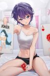  1girl absurdres blue_eyes camisole card card_game highres indoors midriff navel old_maid original playing_card pov purple_hair short_hair short_shorts shorts sitting spaghetti_strap strap_slip vegetablenabe 