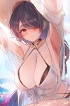  1girl armpits arms_up bare_shoulders bikini black_bikini black_hair blue_archive blush breasts cleavage collarbone commentary_request hair_over_one_eye hat highres hinata_(blue_archive) hinata_(swimsuit)_(blue_archive) large_breasts long_hair long_sleeves looking_at_viewer off_shoulder one_eye_covered outdoors red_eyes sea_nami shirt signature solo swimsuit white_shirt 