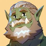  1boy bara beard colored_skin dreadlocks facial_hair full_beard green_skin grey_hair looking_at_viewer male_focus mature_male monster_boy old old_man orc original pointy_ears portrait second-party_source short_hair smile solo taoren thick_beard thick_eyebrows thick_mustache thick_neck tusks yellow_background 