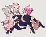  &gt;_&lt; &gt;_o 1girl axe buneary crossover do_m_kaeru fire_emblem fire_emblem:_three_houses full_body garreg_mach_monastery_uniform high_heels hilda_valentine_goneril holding holding_axe looking_at_viewer one_eye_closed open_mouth pink_eyes pink_hair pokemon sitting smile solo stufful thighhighs tinkatink twintails 