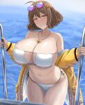  1girl absurdres anis_(nikke) anis_(sparkling_summer)_(nikke) archstreal bare_shoulders bikini blush breasts brown_hair cleavage collarbone commentary eyewear_on_head goddess_of_victory:_nikke hair_ornament highres jacket jewelry large_breasts long_sleeves looking_at_viewer navel necklace off_shoulder open_clothes open_jacket parted_lips pool_ladder side-tie_bikini_bottom smile solo stomach sunglasses swimsuit thighs underboob water wet white_bikini yellow_eyes yellow_jacket 