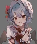 1girl bat_wings black_wings blood blood_on_clothes blood_on_face blue_eyes blue_hair fingernails gominami grey_background hair_between_eyes hat hat_ribbon highres mob_cap nail_polish open_mouth red_eyes red_nails red_ribbon remilia_scarlet ribbon shirt short_hair short_sleeves simple_background smile solo touhou upper_body white_headwear white_shirt wings 