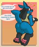  abstract_background balls butt dialogue generation_4_pokemon genitals happy hi_res kneeling looking_back lucario male nintendo pawpads perineum pokemon pokemon_(species) presenting presenting_hindquarters silvrsterlng solo solo_focus speech_bubble submissive submissive_male 