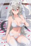  1girl blush bra breasts bridal_veil bride cleavage grey_hair hair_ornament hairclip highres hood_(james_x) indie_virtual_youtuber lace-trimmed_bra lace_trim large_breasts long_hair looking_at_viewer mechanical_tail panties petals pillow red_eyes saruei_(vtuber) scar scar_across_eye sitting tail thighhighs underwear veil virtual_youtuber white_bra white_panties white_thighhighs 