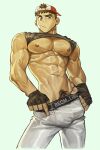  1boy :/ abs backwards_hat bandaid bandaid_on_cheek bandaid_on_face bara bare_pectorals baseball_cap beom_liben bulge clothes_lift clothes_pull cropped_legs erection erection_under_clothes finger_under_clothes from_below frown gloves hat highres large_hands large_pectorals looking_at_viewer male_focus muscular muscular_male navel nipples original pants pants_pull pectorals pubic_hair pubic_hair_peek raised_eyebrow shirt_lift short_hair solo stomach thick_eyebrows tied_sleeves undressing uza_(hellme) veins veiny_arms 