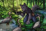  4_toes 5_fingers ambiguous_gender anthro beak black_nose canid canine canis clothed clothing day detailed_background feet fingers flashw forest grass group male mammal moss outside plant smile srtork toes tree wolf 