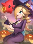  1girl blonde_hair blue_eyes breasts commentary_request earrings gonzarez hair_over_one_eye halloween hat highres holding holding_wand jack-o&#039;-lantern jewelry large_breasts long_hair luma_(mario) mario_(series) open_mouth rosalina star_(symbol) star_earrings wand witch_hat 