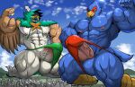  anthro avian balls bird blue_body bulge city clothing decidueye destruction duo falco_lombardi flexing_bicep generation_7_pokemon genitals half-erect hi_res kneeling macro male masterelrest muscular muscular_male nintendo owl penis pokemon pokemon_(species) speedo star_fox swimwear tenting wings 