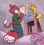  anthro blush charles_the_stray_kitty duo feet female foot_fetish foot_focus foot_lick foot_on_face foot_play foot_sniff hi_res licking male maria_(mrvalentim) mrvalentim on_knee sitting tongue tongue_out 