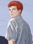  1boy 6_3_0 aircraft airplane back bishounen black_eyes blue_sky closed_mouth light_smile looking_at_viewer looking_back male_focus outdoors red_hair sakuragi_hanamichi shirt short_hair sky slam_dunk_(series) solo upper_body white_shirt 