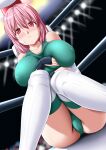  1girl alternate_costume arms_under_breasts bare_shoulders blush breasts collarbone commentary_request commission frown hair_between_eyes highres knees_together_feet_apart large_breasts looking_at_viewer medium_hair nori_tamago pink_hair red_eyes saigyouji_yuyuko sitting skeb_commission solo thighhighs touhou wrestling_outfit wrestling_ring wrist_guards 