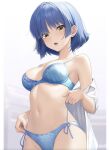  1girl bare_shoulders blue_bra blue_hair blue_panties bocchi_the_rock! bra breasts cleavage earrings jewelry lace-trimmed_bra lace-trimmed_panties lace_trim looking_at_viewer medium_breasts medium_hair mole mole_under_eye navel open_clothes open_mouth open_shirt oshikatsu panties ribs shirt side-tie_panties single_earring solo teeth underwear untying upper_teeth_only white_shirt yamada_ryo yellow_eyes 