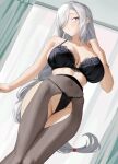  1girl bare_shoulders blue_eyes blush bra braid braided_ponytail breasts collarbone covered_navel genshin_impact grey_hair hair_ornament hair_over_one_eye highres lace-trimmed_bra lace_trim large_breasts liangfen long_hair looking_at_viewer shenhe_(genshin_impact) solo thighs thong underwear very_long_hair 