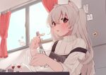  1girl animal_ears apron black_apron cat cat_ears cat_girl cupcake day food food_on_face food_on_hand grey_hair hibarin0404 highres holding holding_whisk indie_virtual_youtuber indoors long_hair looking_at_viewer nora_cat nora_cat_channel red_eyes refrigerator solo sweater table tongue tongue_out turtleneck turtleneck_sweater whipped_cream whisk window 