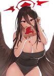  1girl black_hair black_leotard black_wings blue_archive blush breasts cleavage covered_nipples eating emirio_(emirio110) feathered_wings food food_on_body food_on_face hair_behind_ear hair_between_eyes halo hasumi_(blue_archive) holding huge_breasts jam leotard long_hair looking_at_viewer low_wings off_shoulder red_eyes see-through simple_background solo toast very_long_hair white_background wings 