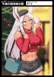  1girl abs animal_ears bag bare_shoulders beret black_border black_headwear black_shorts blurry blurry_background blush boku_no_hero_academia book border box braid braided_bangs breasts christmas_tree clenched_hand cropped_sweater dark-skinned_female dark_skin dated detached_sleeves gift gift_box hands_up harurukan hat highres holding holding_bag holding_compact jewelry large_breasts long_eyelashes long_hair looking_at_object midriff mirko muscular muscular_female nail_polish navel necklace parted_bangs pendant rabbit_ears rabbit_girl red_eyes red_nails red_sleeves red_sweater ribbed_sleeves ribbed_sweater short_shorts shorts solo sweater thighs turtleneck turtleneck_sweater twitter_username very_long_hair wavy_mouth white_hair 