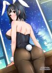  1girl alternate_costume animal_ears ass black_hair black_leotard black_pantyhose breasts bunny_day dated detached_collar dutch_angle highres kamiya_tadato kantai_collection large_breasts leotard looking_at_viewer looking_back night night_sky pantyhose playboy_bunny rabbit_ears rabbit_tail red_eyes short_hair sky solo strapless strapless_leotard tail takao_(kancolle) thong_leotard twitter_username window wrist_cuffs 