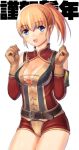  1girl :d avatar_(ff11) belt belt_buckle blonde_hair blue_eyes breasts brown_belt brown_gloves buckle cleavage cowboy_shot detached_sleeves final_fantasy final_fantasy_xi gloves hair_between_eyes hands_up hume legs_together long_sleeves looking_at_viewer medium_breasts open_mouth ponytail red_sleeves short_hair sidelocks simple_background smile standing taisai_soft teeth thighs upper_teeth_only white_background 