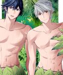  2boys ? abs ameno_(a_meno0) blue_eyes blue_hair brown_eyes chrom_(fire_emblem) confused fire_emblem fire_emblem_awakening forest grey_hair leaf leaf_skirt male_focus multiple_boys muscular muscular_male nature open_mouth robin_(fire_emblem) robin_(male)_(fire_emblem) short_hair skirt sweatdrop topless_male 