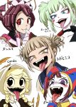  4shi 5girls arthropod_girl batman_(series) black_eyes blonde_hair blue_eyes boku_no_hero_academia braid brown_hair cliffside colored_skin commentary_request cordie dc_comics double_bun entoma_vasilissa_zeta extra_pupils eyelashes fangs green_hair hair_bun harley_quinn hat heart heart-shaped_pupils highres jester_cap low_twin_braids mismatched_pupils multiple_girls open_mouth overlord_(maruyama) pomni_(the_amazing_digital_circus) saliva school_uniform serafuku sharp_teeth skin_fangs smile symbol-shaped_pupils teeth the_amazing_digital_circus toga_himiko tongue tongue_out translation_request twin_braids twintails white_skin yellow_eyes 