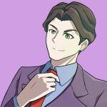  1boy adjusting_clothes adjusting_necktie andrew_hanbridge bad_source blue_shirt brown_hair closed_mouth collared_shirt green_eyes highres jacket little_witch_academia long_sleeves male_focus necktie purple_background purple_jacket red_necktie shirt short_hair simple_background smile solo split_mouth upper_body 