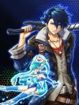  1boy 1girl black_hair blue_eyes blue_hair braid chiga_akira coat crown_braid dog_tags earrings eiyuu_densetsu hand_in_pocket holding holding_sword holding_weapon jewelry kuro_no_kiseki long_hair looking_at_viewer mare_(eiyuu_densetsu) one_eye_closed over_shoulder red_eyes short_hair swept_bangs sword sword_over_shoulder thighhighs van_arkride weapon weapon_over_shoulder 