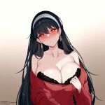  1girl absurdres amai-pai bare_shoulders black_bra black_hair bra breasts cleavage collarbone earrings hairband heart heart-shaped_pupils highres jewelry large_breasts long_hair looking_at_viewer off-shoulder_sweater off_shoulder parted_lips red_eyes red_sweater solo spy_x_family sweater symbol-shaped_pupils underwear upper_body very_long_hair white_hairband yor_briar 
