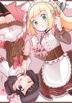  2girls ;) absurdres alternate_costume apron belt black_choker blonde_hair blush buttons chocolate chocolate_on_face choker clenched_hand closed_mouth collarbone commentary_request eyelashes food food_on_face frills green_eyes hair_ribbon hands_up happy_valentine heart highres holding holding_whisk lillie_(pokemon) long_hair long_sleeves looking_at_viewer maid_headdress monaka_(monaka_alola) multiple_girls one_eye_closed pokemon pokemon_(game) pokemon_sm ribbon selene_(pokemon) shirt shorts skirt smile split_mouth thighhighs valentine waist_apron whisk white_apron 
