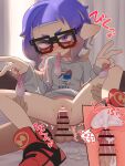  1boy 1girl blunt_bangs bottomless condom cum cum_in_pussy glasses hetero highres inkling inkling_girl internal_cumshot organ_rn penis purple_eyes purple_hair pussy sex shoes sneakers splatoon_(series) splatoon_3 spread_legs tentacle_hair used_condom 