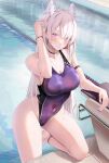  1girl anklet bare_shoulders black_one-piece_swimsuit blush bracelet breasts cleavage competition_swimsuit covered_navel grey_hair highres horns jewelry large_breasts long_hair looking_at_viewer multicolored_clothes multicolored_swimsuit nail_polish one-piece_swimsuit original parted_lips pointy_ears pool poolside purple_eyes ru_zhai slit_pupils solo swimsuit thighs two-tone_swimsuit very_long_hair wading water wet wet_clothes wet_swimsuit 