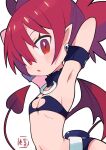  1girl :o armpits arms_up blush demon_girl demon_tail demon_wings disgaea earrings etna_(disgaea) flat_chest jewelry looking_at_viewer miyata_(lhr) o-ring_collar pointy_ears red_eyes red_hair red_wings revealing_clothes short_hair skull_earrings solo tail wings 