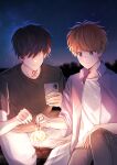  2boys black_pants black_shirt brown_hair fireworks hair_over_eyes highres holding holding_phone isshiki_totomaru kamonohashi_ron kamonohashi_ron_no_kindan_suiri male_focus multiple_boys neck_tattoo night night_sky outdoors pants phone shirt short_hair short_sleeves sitting sky sparkler stardust_notes tattoo white_pants white_shirt yaoi 