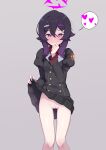  1girl black_hair black_skirt black_suit blue_archive closed_mouth clothes_lift formal gradient_hair grey_background hair_ornament hairclip halo haruka_(blue_archive) heart heart-shaped_pupils lifted_by_self long_sleeves looking_at_viewer multicolored_hair no_panties presenting purple_hair purple_halo short_hair simple_background skirt skirt_lift smug solo spoken_heart standing suit symbol-shaped_pupils yotubeya 