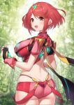  1girl absurdres ass ass_focus back blush breasts butt_crack chest_jewel earrings from_behind gem gloves green322 headpiece highres jewelry large_breasts looking_at_viewer looking_back open_mouth pyra_(xenoblade) red_eyes red_hair short_hair shorts smile solo swept_bangs thighhighs tiara xenoblade_chronicles_(series) xenoblade_chronicles_2 